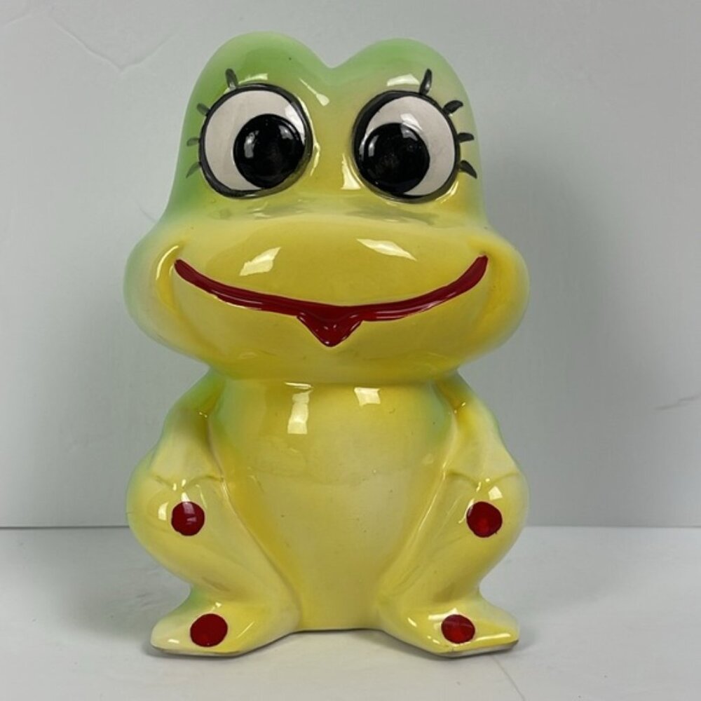 Vtg 70s Ceramic Frog Piggy Bank green yellow Japan kitschy retro hippie bohemian